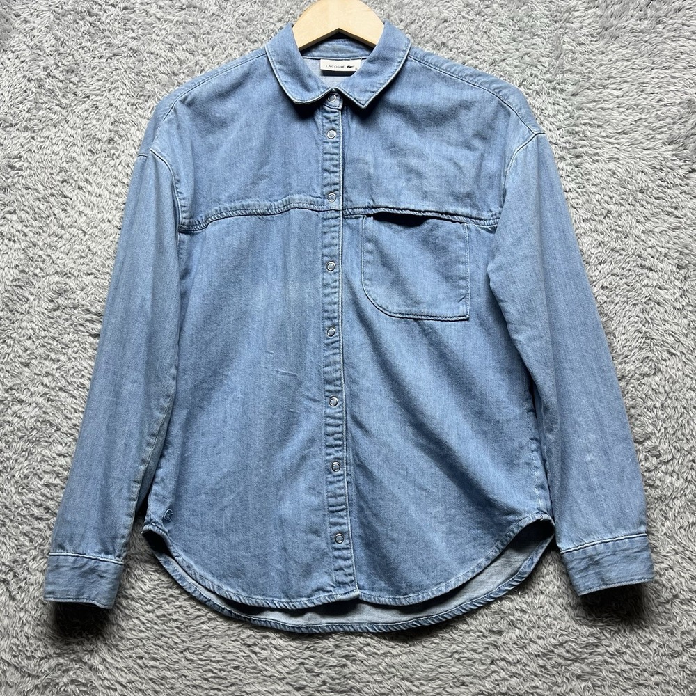 Lacoste Top Womens Small Blue Denim Snap Up‎ Chest Pocket Embroidered Crocodile
